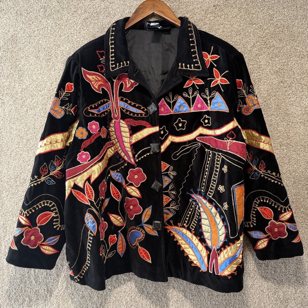 Indigo Moon Embroidered Jacket 1X Black Red Boho Floral Art Festival Indie